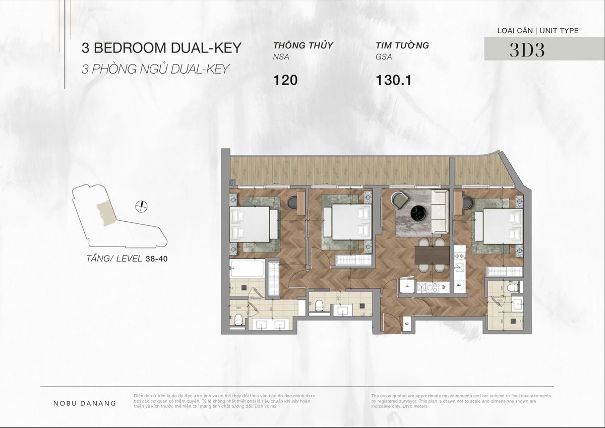 3 bedroom dual key hotel apartment for sale at Nobu Residences Da Nang. Located from 19th to 41st of