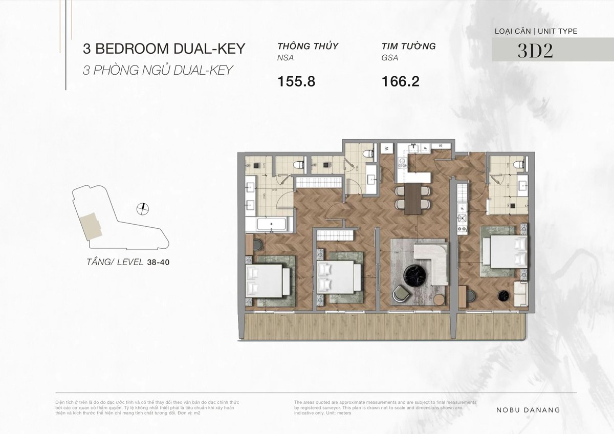 3 bedroom dual key hotel apartment for sale at Nobu Residences Da Nang. Located from 19th to 41st of