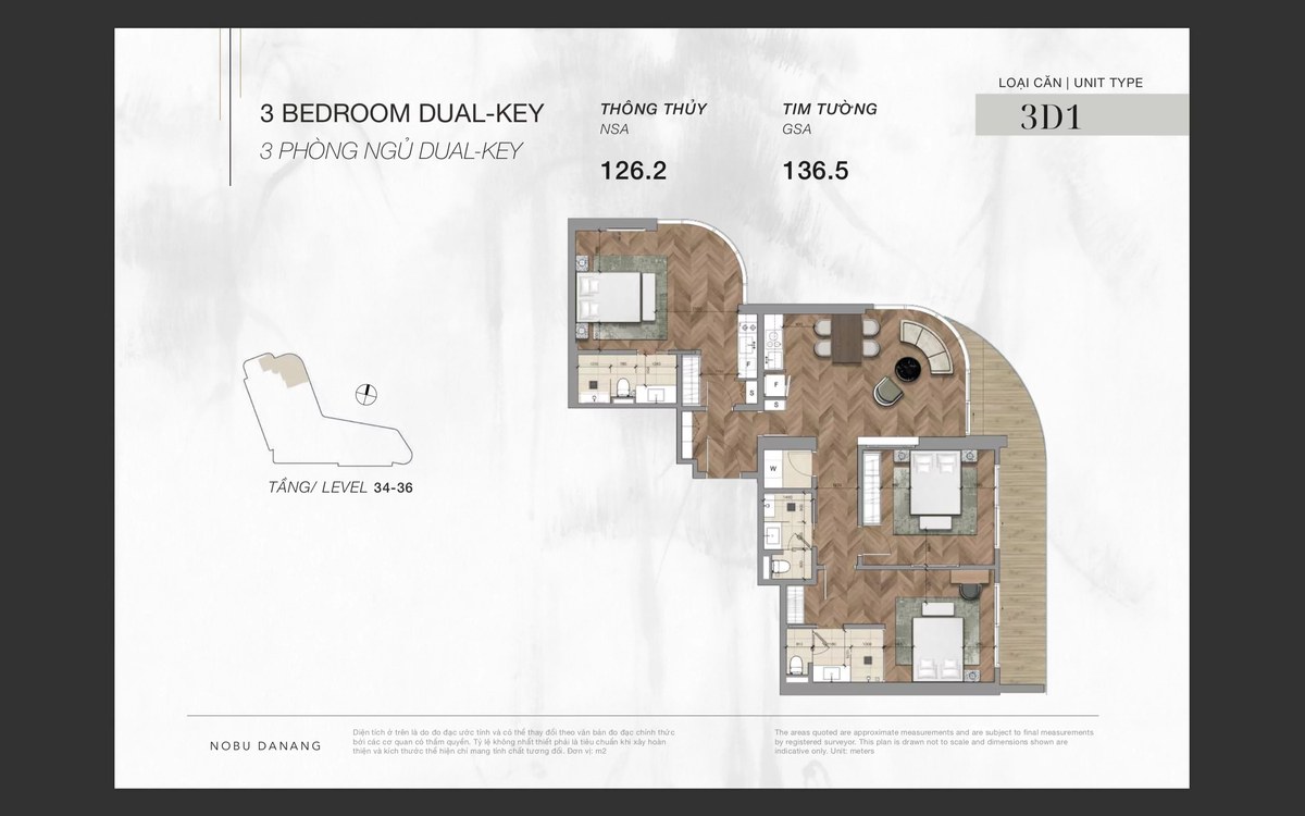 3 bedroom dual key hotel apartment for sale at Nobu Residences Da Nang. Located from 19th to 41st of