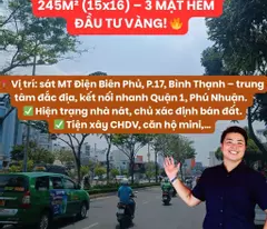 77 million/m² rare earth 245m² dien bien phu, 3 alley sides, super profitable chdv construction 0909917099