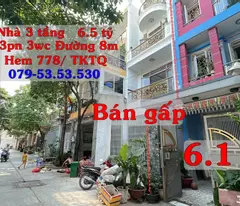sale 3-storey house in alley 778 tan ky tan quy, ho chi minh city. car road price reduced from 6.5 billion to 6.1 billion for sale