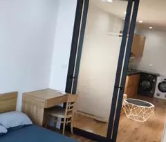 the apartment has an elevator, fully furnished: bed, desk, wardrobe, kitchen, washing machine, separate dryer.